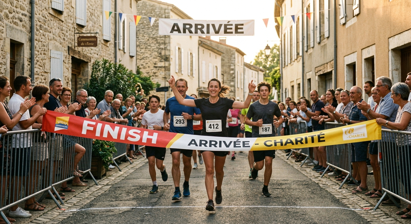 Des coureurs franchissent la ligne d'arrivée d'une course solidaire, acclamés par le public.